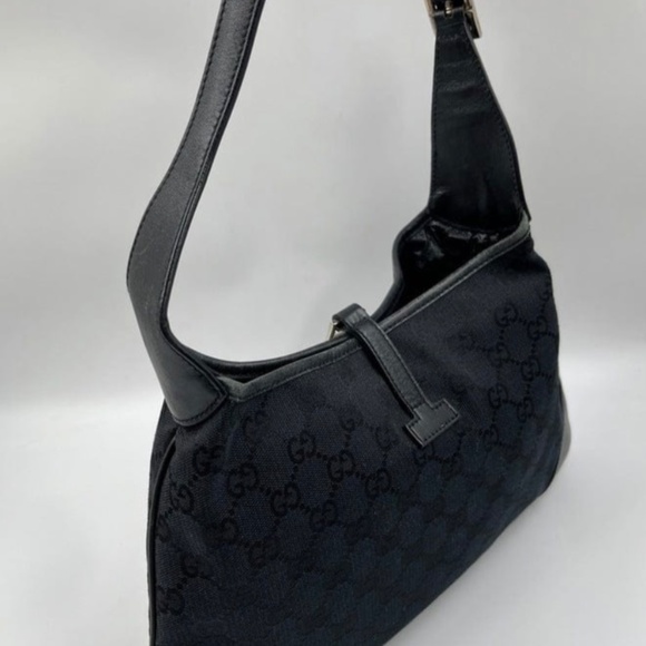 GUCCI Jackie GG Canvas Web Stripe Shoulder Bag Black Leather Vintage Authentic - Picture 11 of 13